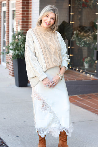 Mixed Lace Midi Skirt Ivory