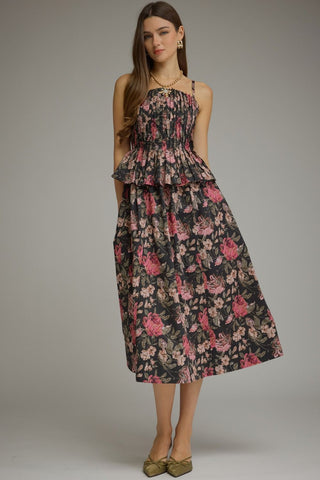 Foliage Black Midi Dress