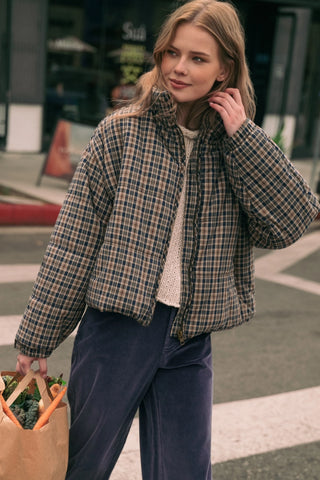 Navy Brown Plaid Puffer Jacket