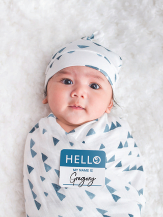 Hello World Hat & Swaddle Set – Navy Triangles